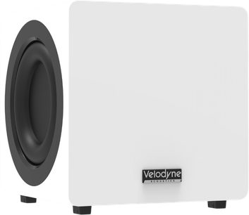 Velodyne MiniVee X witte subwoofer, vooraanzicht onder hoek, witte behuizing met zwarte luidspreker aan de zijkant