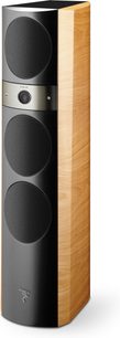 Focal Electra 1027 S gulvhøjttaler i sort og lyst træ, set forfra, 3 højttalere synlige på fronten