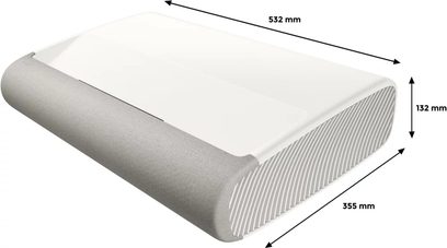 Samsung The Premiere SP-LPU7D projektor, set i perspektiv, hvid overflade på toppen, grå front, sider med riller