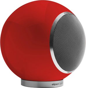 Elipson Planet L Performance 2.0 röd lackad högtalare, sfärisk form, cirkulärt metallgaller, silverfärgad bas