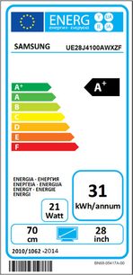 Europæisk energimærke for et Samsung UE28J4100AWXZF TV, klasse A+, 31 kWh/år, 70 cm