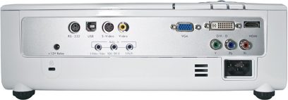 Optoma HD75 hvid videoprojektor, bagside, analog og digital audio/video-tilslutning, RS-232-port, 12V strømforsyning