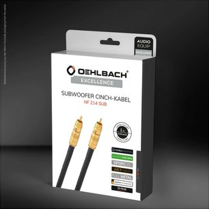 Hvid og sort papæske set fra trekvart forfra, viser Oehlbach NF 214 Sub subwooferkabel med billede af sort ledning med guldbelagte RCA-metalkonnektorer
