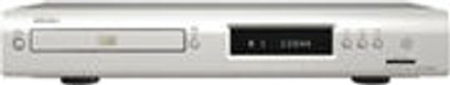 Denon DVD1800 sølvfarvet 4K Blu-ray-afspiller, set forfra, med minimalistisk front, digitalt display og diskskuffe