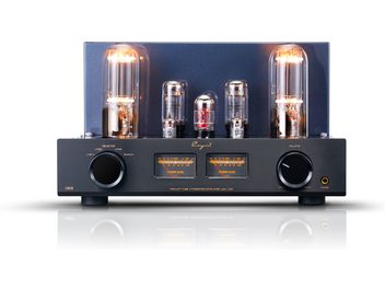 Integrovaný stereo lampový zesilovač Cayin Jazz 100 v černém kartáčovaném hliníku, pohled zepředu se šesti viditelnými osvětlenými lampami, dvěma retro oranžově podsvícenými VU-měry, dvěma velkými kruhovými ovládacími knoflíky a konektorem pro sluchátka