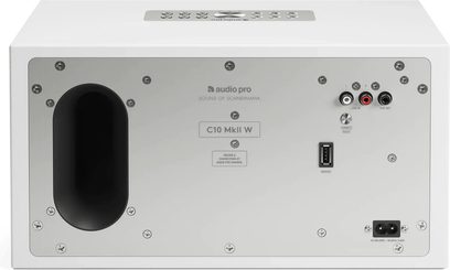 Coluna inteligente Audio Pro C10 MKII W branca vista de trás, com porta bass-reflex preta à esquerda, entradas de áudio e comandos na parte superior