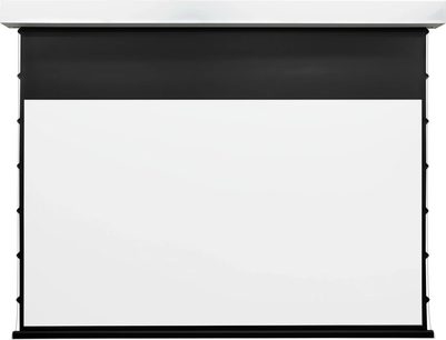 Motoriseret Lumene Coliseum Silent UHD 4K 240C projektorlærred i hvid med sort ramme set forfra