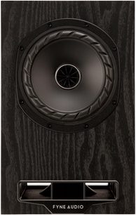 Bogreolshøjttaler Fyne Audio F5E, set forfra, mørk træfinish, cirkulær centerhøjttaler, rektangulær port i bunden