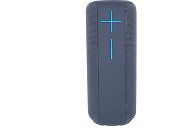 Enceinte bluetooth Yourban Getone 30 cinza MK2, vista frontal, forma cilíndrica, botões de volume azuis, superfície texturizada
