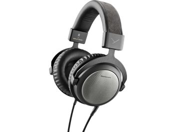 Κλειστά ακουστικά hi-fi Beyerdynamic T5, τρισδιάστατη όψη, μαύρα μαξιλαράκια, επενδεδυμένο στήριγμα κεφαλής, πλεκτά καλώδια, γκρι περίβλημα