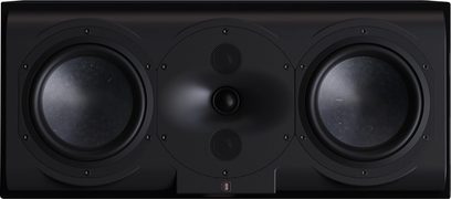 Diffusore centrale Perlisten R5c nero, vista frontale, 2 altoparlanti circolari laterali, tweeter centrale, griglia perforata