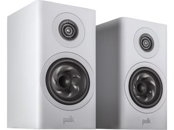 Duas caixas acústicas de estante brancas Polk Audio R100, vista frontal, alto-falantes pretos, madeira branca