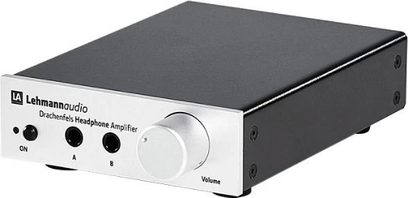 Preamplificatore per cuffie Lehmann Audio Drachenfels argento, case metallico rettangolare, pannello frontale con manopole e prese jack