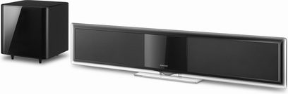 Samsung HT-BD8200 schwarzes Heimkino-System bestehend aus einem kubischen Bassgehäuse und einer länglichen, rechteckigen Soundbar