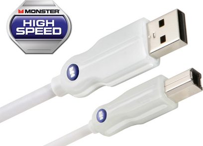 To hvide Monster High Speed USB-kabler med blå stik, set ovenfra på hvid baggrund