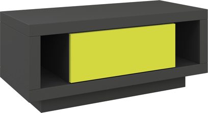 Rektangulært sort TV-møbel med en iøjnefaldende gul nedfældbar dør i midten, set forfra i perspektiv