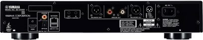 Yamaha BD-A1060 schwarzer Blu-ray-Player von vorne gesehen, Audio-/Video-Anschlüsse auf der Rückseite, Tasten und Display auf der Vorderseite