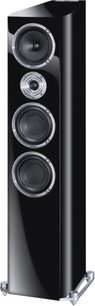 Diffusore da pavimento Heco Celan Revolution 7 nero lucido, vista frontale, 4 altoparlanti rotondi argentati allineati verticalmente