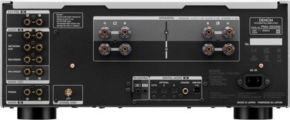 PMA-3000NE sølv, baksidevisning, RCA-lydkontakter, høyttalerterminaler, optiske digitale innganger, koaksiale, USB-DAC