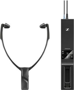 Åbent hi-fi hovedsæt fra Sennheiser RS 5000 med sort hovedbøjle og ørepuder samt sort modtager med skærm og knapper