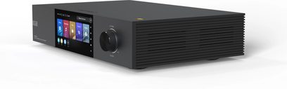 Мережевий аудіоплеєр EverSolo DMP-A8 чорного матового кольору, передня панель з сенсорним екраном, поворотним регулятором та USB-портом, чорна решітка з правого боку