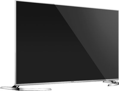 Panasonic TX-58DX750F fladskærms-TV i sort, set forfra, placeret på en sølvfarvet metalstander