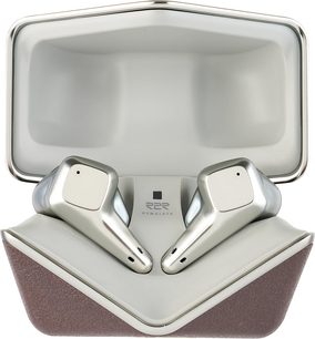 Hifiman Svanar Wireless LE trådløse hovedtelefoner, set forfra, sølvfarvede øretelefoner i et åbent etui, gråt indre