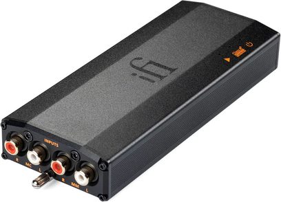 Phono-forforstærker iPhono3 micro Black Label, sort rektangulært kabinet, RCA-stik og MC/MM-indgange synlige, orange logo og indikatorer