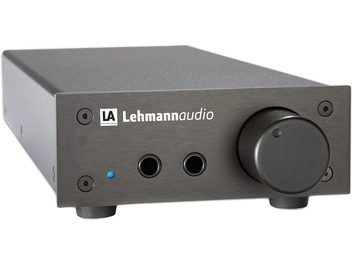 Preamplificatore per cuffie Lehmann Audio Linear II nero, vista frontale, corpo in metallo spazzolato, manopola del volume, presa per cuffie, LED blu