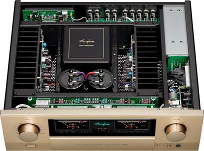 Ampli hi-fi intégré stéréo E-380, vue de dessus, boîtier ouvert, composants électroniques, transformateur central, boutons avant