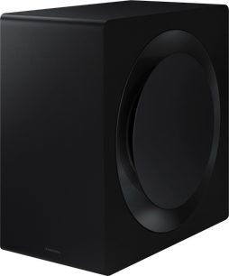 Samsung F-HW-Q995D-BF soundbar, set fra en vinkel, sort rektangulært kabinet, glat overflade, stor synlig cirkulær højttaler