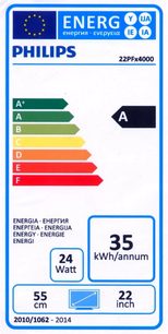 Europæisk energimærke for Philips 22PFx4000 TV, energiklasse A, 22 tommer, årligt energiforbrug 35 kWh