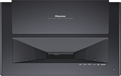 Hisense PX2-PRO projektor, set ovenfra, sort finish, central ventilationsgitter, knapper og logoer nederst