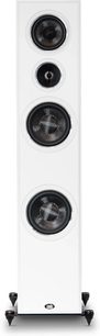 Witte kolomluidspreker PSB Imagine T54, vooraanzicht, 3 woofers en 1 tweeter, basis met metalen punten