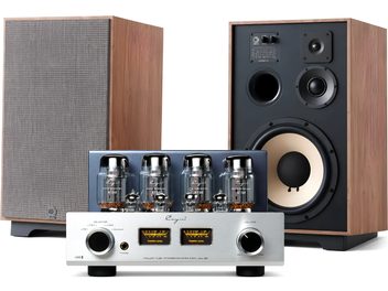 Cayin Jazz 80 tube amplifier with a pair of wood-finish bookshelf speakers, black front panel and gray grille