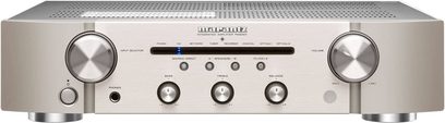 Hi-fi stereo zesilovač Marantz PM6007 ve stříbrno-zlatém provedení, pohled zepředu, 2 otočné knoflíky, 6 tlačítek, 2 sluchátkové vstupy