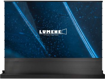 Lumene Eden UHD 4K/8K Platinum põrandastatiiviga projektsiooniekraan Lumene logoga sinisel taustal kangaga