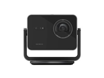 Videoproiettore Leica Cine Play 1 nero, vista frontale, grande lente a destra su supporto con struttura metallica
