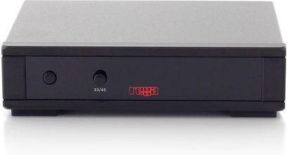 Giradischi Rega Planar 8 nero opaco, vista frontale, display LED rosso 33/45, due pulsanti a pressione, finitura in alluminio spazzolato