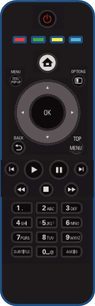 Sort Philips BDP5500 fjernbetjening set forfra, farverige knapper, centralt navigationshjul