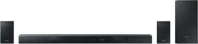 Samsung HW-K950 sort soundbar med to trådløse baghøjtalere og en basrefleksboks, set forfra