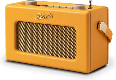 Radio da tavolo Roberts Revival Uno BT gialla, custodia rettangolare rivestita in similpelle granulata con ampia griglia metallica dorata sul frontale, vista in tre quarti anteriore destra che mostra i pulsanti grigi, l'antenna cromata ripiegata e la cinghia laterale coordinata
