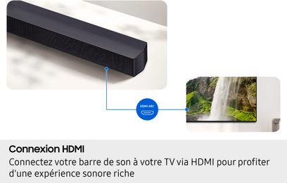 Samsung HW-B460F soundbar i svart, med borstat metallhölje och akustiskt tyg på fronten, trekvartsperspektiv