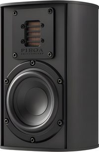 Black Piega Ace 30 bookshelf speaker, front view, rounded cabinet with large woofer and square ribbon tweeter
