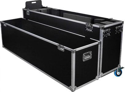 Power Acoustics Flight çift ekran 75/85 taşıma kasası, siyah, açık, gümüş renkli kenarlıklar ve mavi tekerleklerle