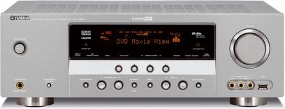 Yamaha RX-V563 Silber Heimkino-Verstärker, Frontansicht, Frontblende mit Tasten, Reglern, Display und Kopfhörer- und Mikrofonbuchsen