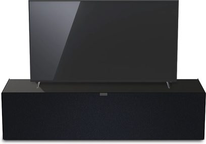 Sort blank og mat audio-/videomøbel med et rent design, fladskærm, opbevaring og metalhåndtag, set forfra
