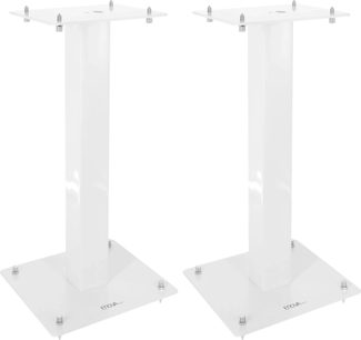 Enova HIFI MAJESTY 50 WH højttalerstativ, set forfra, 2 hvide rektangulære understøtninger, kvadratisk base, 4 metalben