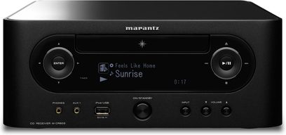 Marantz M-CR603 sort hi-fi-system, set forfra, LCD-display, kontrolknapper og drejeknapper, USB- og aux-porte, indbygget CD-afspiller
