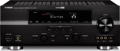 Amplituner kina domowego Yamaha RX-V765 w kolorze czarnym, widok z przodu, niebieski wyświetlacz "HDMI 1 Blu-ray", srebrne przyciski i pokrętła